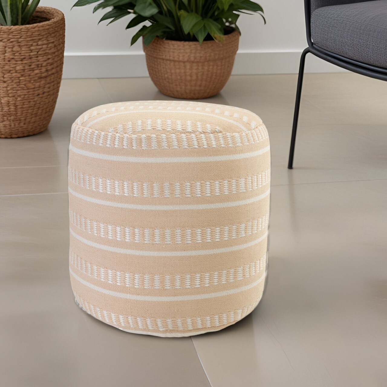 Edge Collections - 20" - Orange - Chic Striped Pouf Ottoman for Indoor and Outdoor Use - 1 Piece